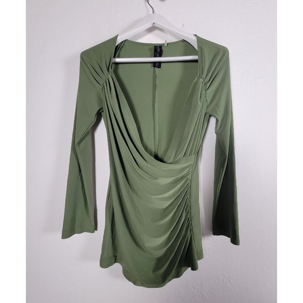 Norma Kamali Womens Green Long Sleeve Ruched Drape Top Blouse Medium Stretch